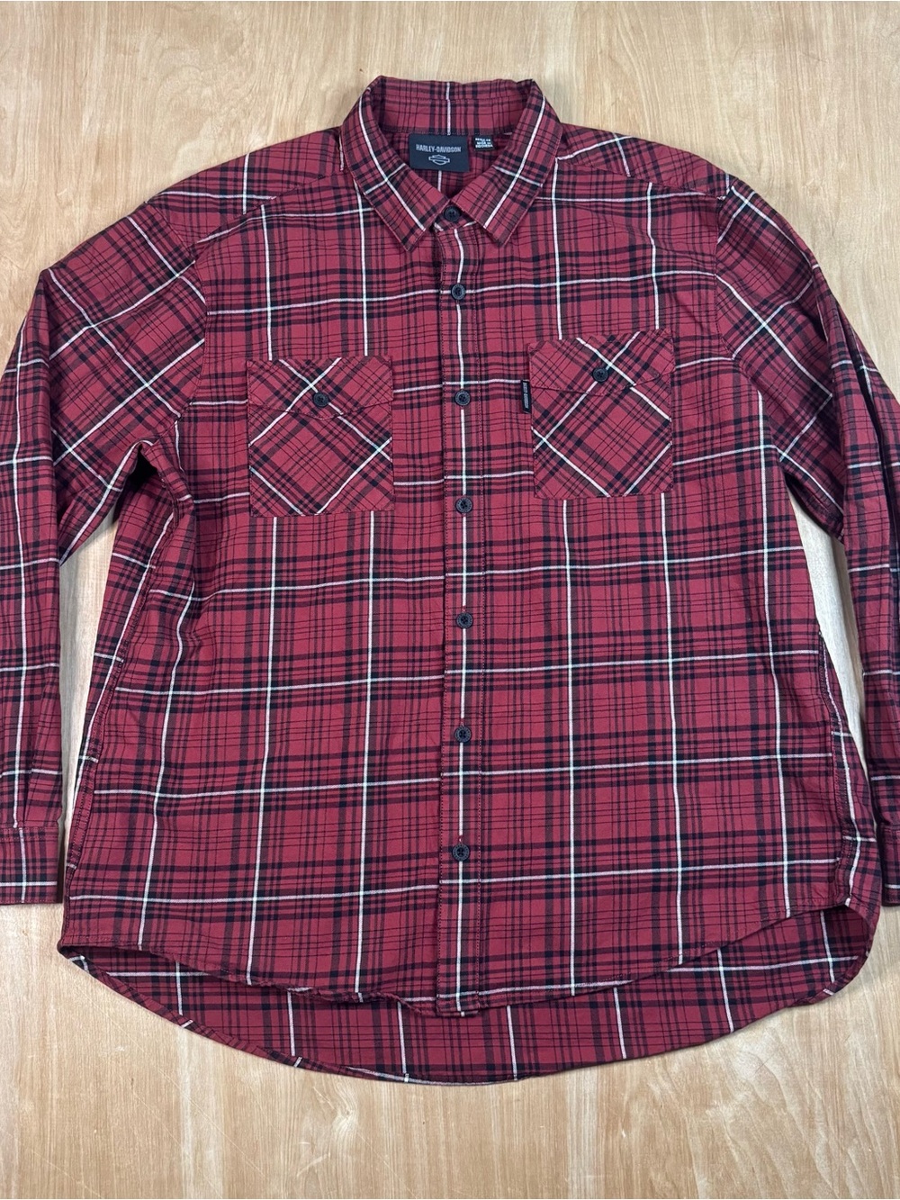 Harley-Davidson Mens Red Plaid Flannel Cotton Button Down Shirt Pockets XL